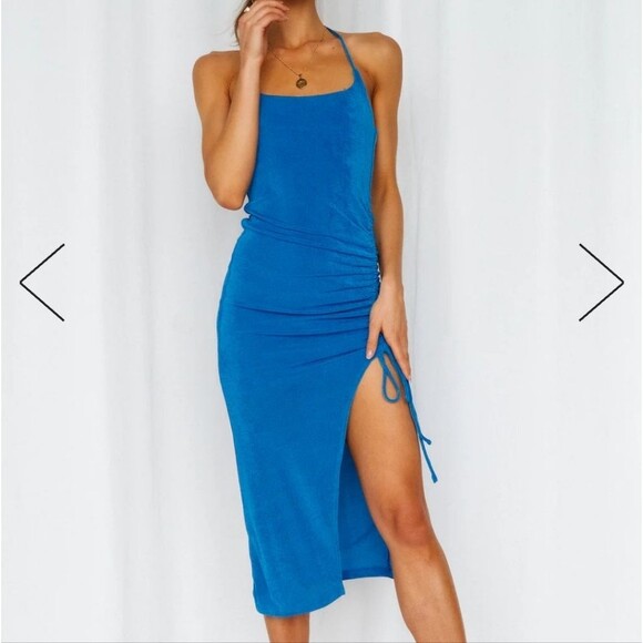 Hello Molly blue no bad vibes tie halter ruched side slit woven midi dress - Picture 5 of 12